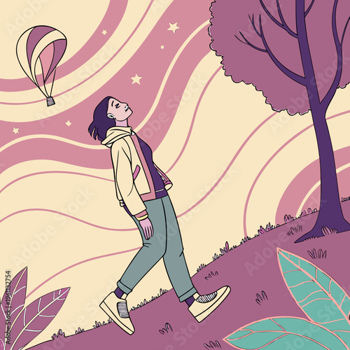 A woman watches a hot air balloon fly in the sky