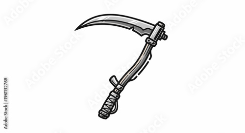 Stylized illustration of a sharp, curved blade attached to a long, curved handle