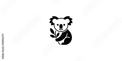 A minimalist black and white illustration of a koala holding a leaf on transparent background