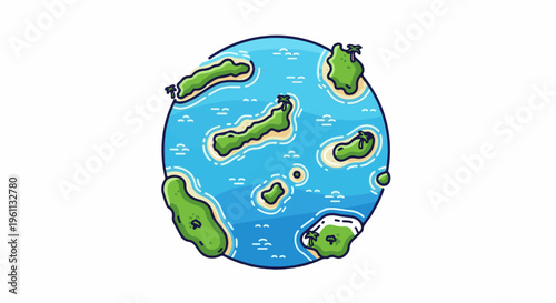 Stylized globe showcasing numerous tropical islands scattered across a vast blue ocean