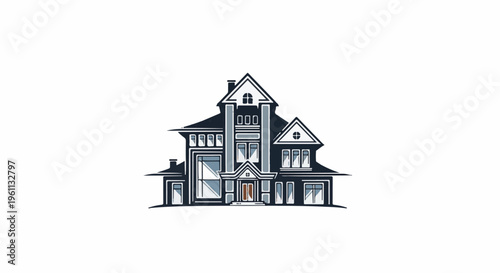Stylized illustration of a multi-story, dark-colored house with a white background