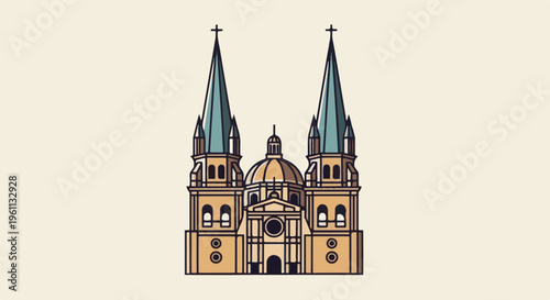 Stylized, flat illustration of a grand cathedral with twin spires and dome