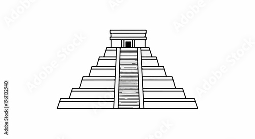 Stylized illustration of a stepped pyramid with a central staircase and a small structure atop