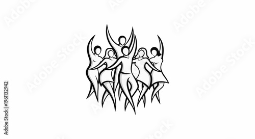 Stylized figures celebrating with arms raised in unison
