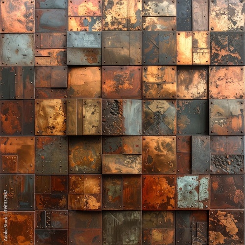 Square metal tiles, rusted, varied, textured, and riveted together