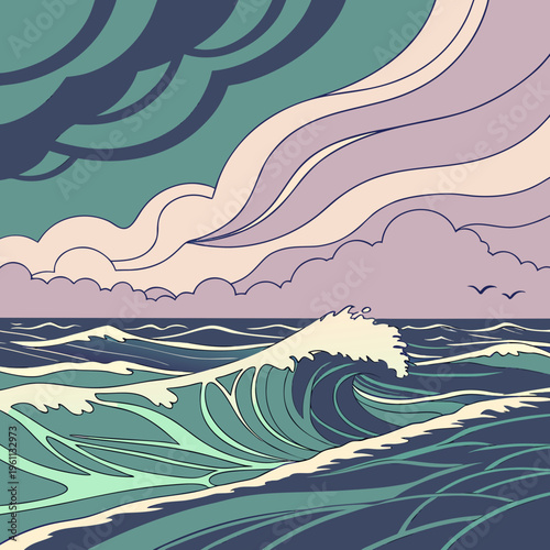 A large wave in the ocean with a stormy sky