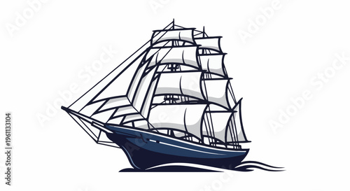 Stylized illustration of a dark blue sailing ship with full white sails on a white background