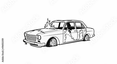Stylized illustration of a vintage sedan engulfed in flames with deflated tires