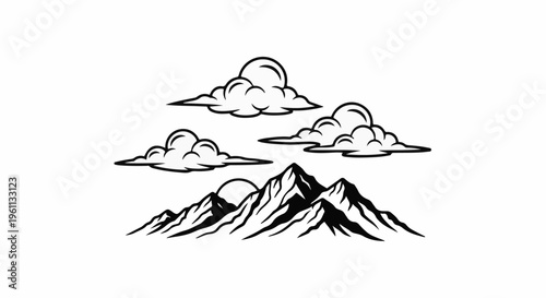 Stylized peaks pierce dramatic clouds under a celestial orb