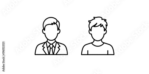 A minimalist vector graphic illustration of two faceless men on transparent background