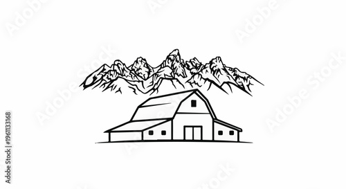 Stylized line drawing of a barn with jagged mountains in the background