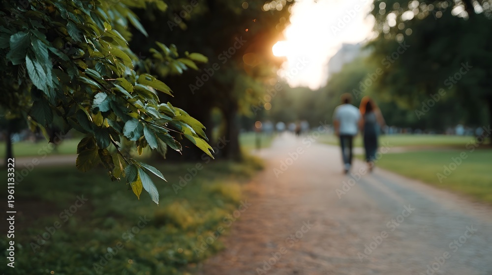 Obraz premium A couple enjoys a tranquil walk through a lush green park during the warm soft glow of golden hour sunset with vibrant foliage in the foreground