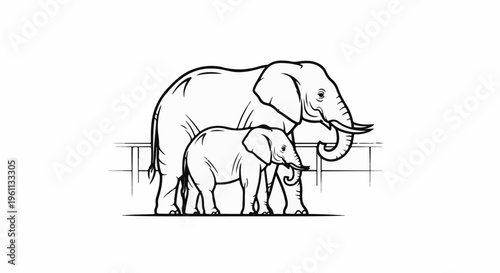 Stylized line drawing of an adult and baby elephant behind a fence