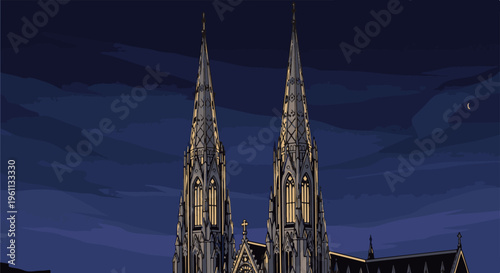 Twin Gothic spires reach towards a cloudy night sky with a crescent moon