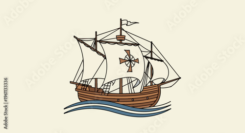 Stylized illustration of a wooden sailing ship with sails unfurled, navigating blue waves