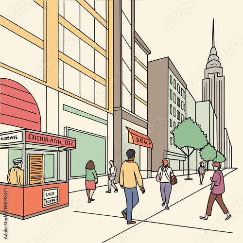 People walking on a city sidewalk near buildings