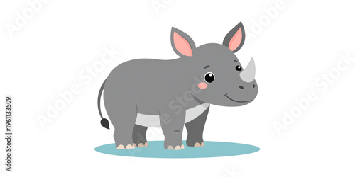 A cute cartoon rhino standing on a blue oval on transparent background