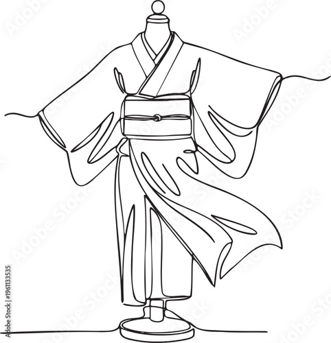 Continuous single black line drawing of a Japanese Kimono on an asymmetrically posed simple dummy hanging with long sleeves twisting in the side wind gust