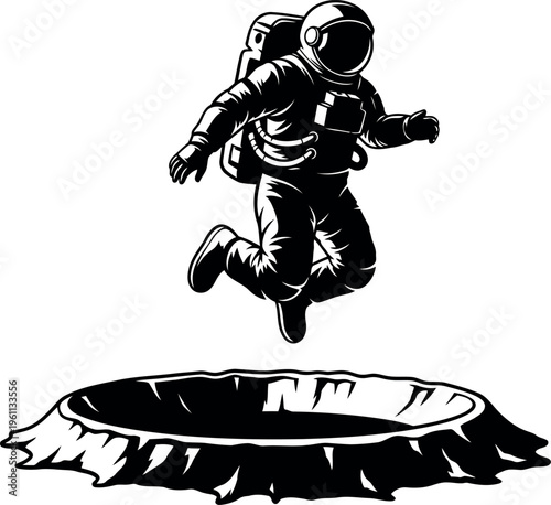 Astronaut Jumping Over Crater Illustration Isolated Vector Artwork