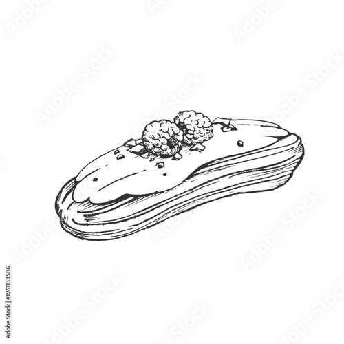 Eclair bun with raspberry hand-drawn vector illustration. Sketch of a sweet pastry. Isolated object, element for label design, menus, recipes, bakery, and coffee shop.