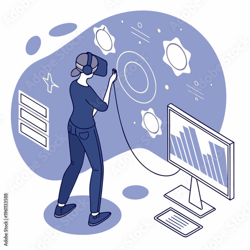 Woman wearing virtual reality goggles and interacting with virtual objects