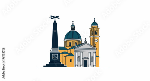 Stylized illustration of an obelisk, church with dome, and clock tower