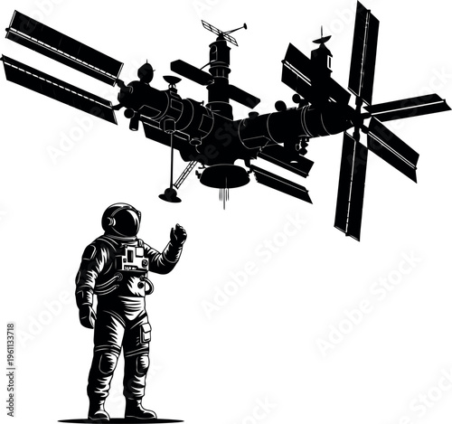 Astronaut Waving Towards Space Station In Outer Space Illustration