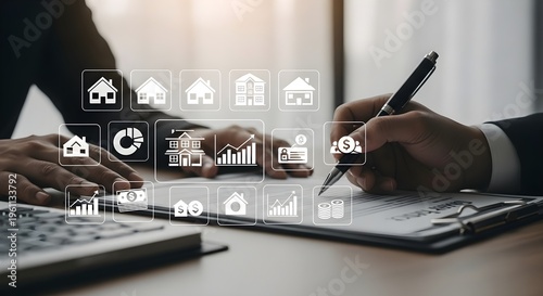 Business professionals analyzing real estate market data and trends with digital graphics