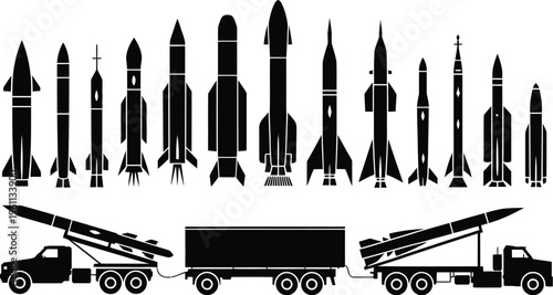 Rocket and missile silhouette collection, military ballistic weapons and space launch vehicles with transport trucks isolated on white background for aerospace and defense design.