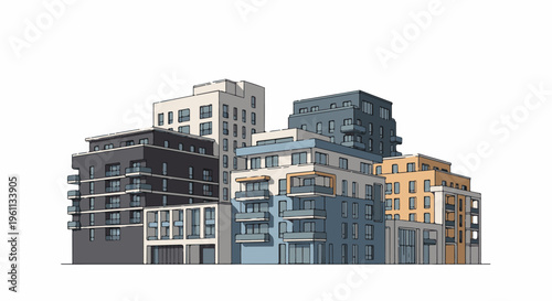 Stylized illustration of modern apartment buildings with balconies