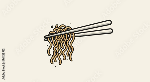 Stylized illustration of noodles being held by chopsticks against a plain background
