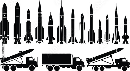 Rocket and missile silhouette collection, military ballistic weapons and space launch vehicles with transport trucks isolated on white background for aerospace and defense design.