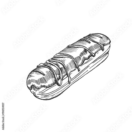 Eclair bun chocolate hand-drawn vector illustration. Sketch of a sweet pastry. Isolated object, element for label design, menus, recipes, bakery, and coffee shop.