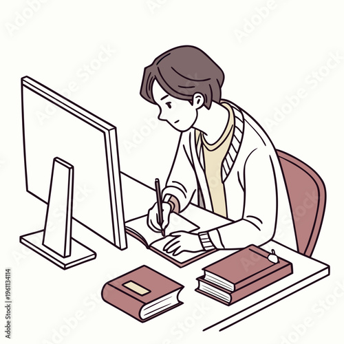 A woman sits at a desk writing in a notebook