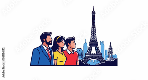 Three people in profile stand before the Eiffel Tower and Parisian skyline