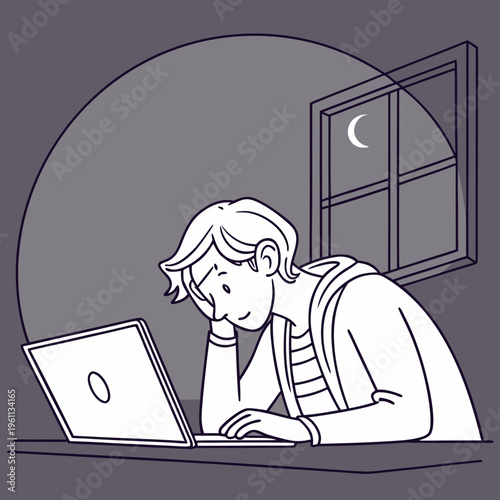A person sitting at a desk with their head resting on their hand and looking at a laptop