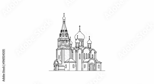Stylized ink sketch of a multi-domed cathedral with a tall spire