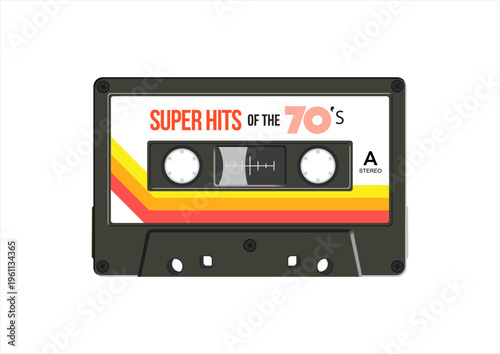 Superhits of the 70's. Realistic illustration of vintage retro audio cassette tape isolated on white background. Editable vector art image illustration