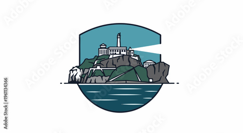 Stylized island fortress with lighthouse and surrounding water within a crest