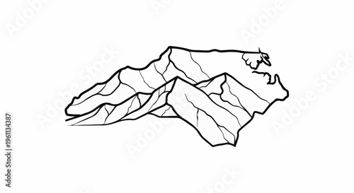 Stylized ink drawing of mountain peaks, showing depth and texture