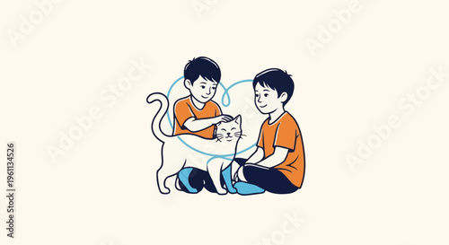 Two boys petting a happy cat with a blue heart above them