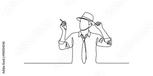 Continuous line drawing of a stylish man wearing a hat and tie while holding a cigarette