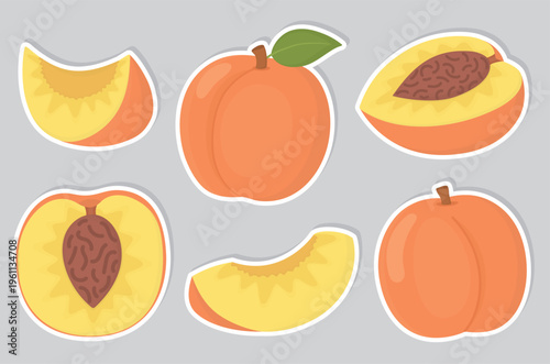 Stickers with whole peaches, halves and slices. Set of healthy cute fruits	