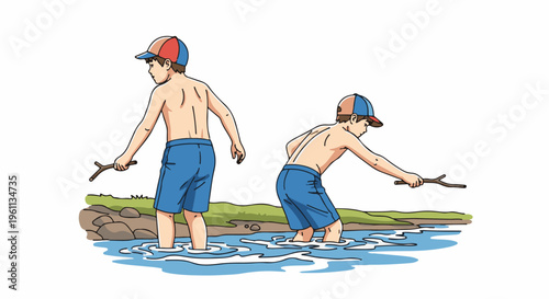 Two boys wading in shallow water, one holding a stick