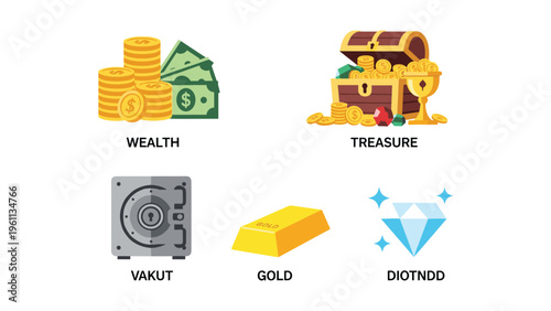 Illustrations of different forms of valuable assets and wealth representations