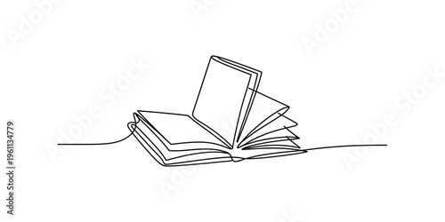 Continuous line drawing of an open book with turning pages on a white background.