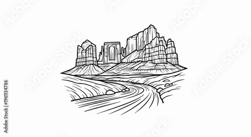 Stylized line art depicts a winding river leading to towering sandstone rock formations