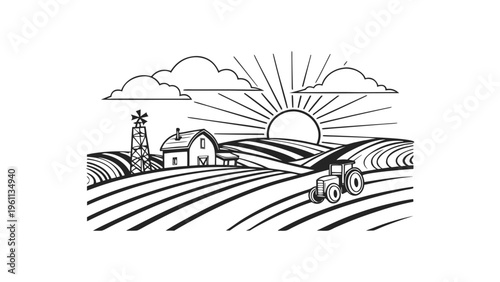 Rustic Farm Landscape Line Art Vector - Hand Drawn Sunrise over Fields with Tractors and Farmhouse Illustration