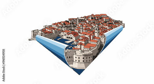 Stylized isometric view of a walled coastal city with red roofs and a harbor