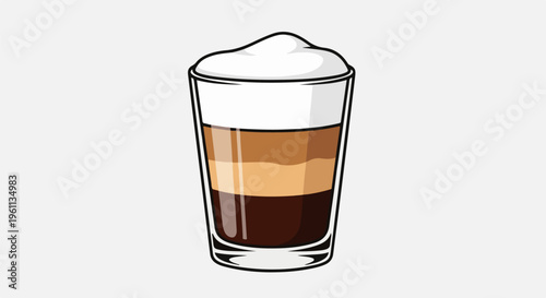 Tall glass with layered coffee drink and frothy white topping